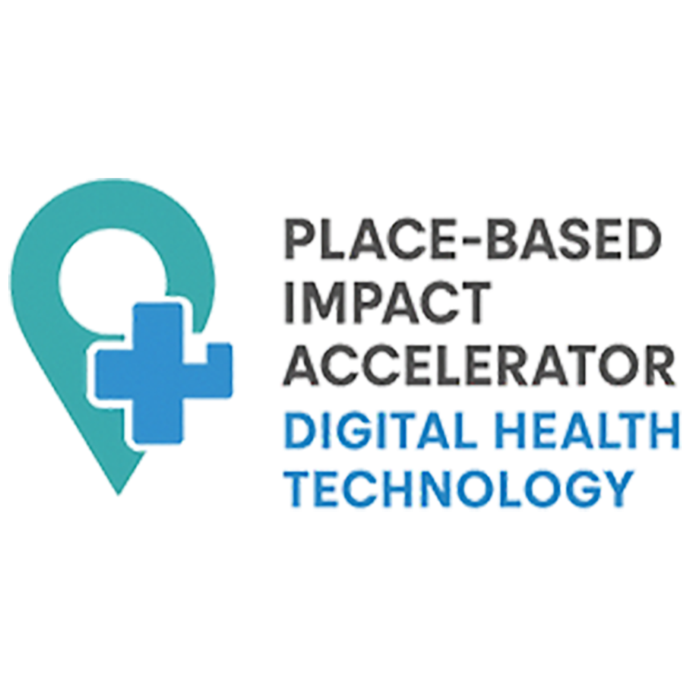 Place-Based Impact Accelerator Digital Health Technology logo featuring a teal location pin with a blue medical cross.